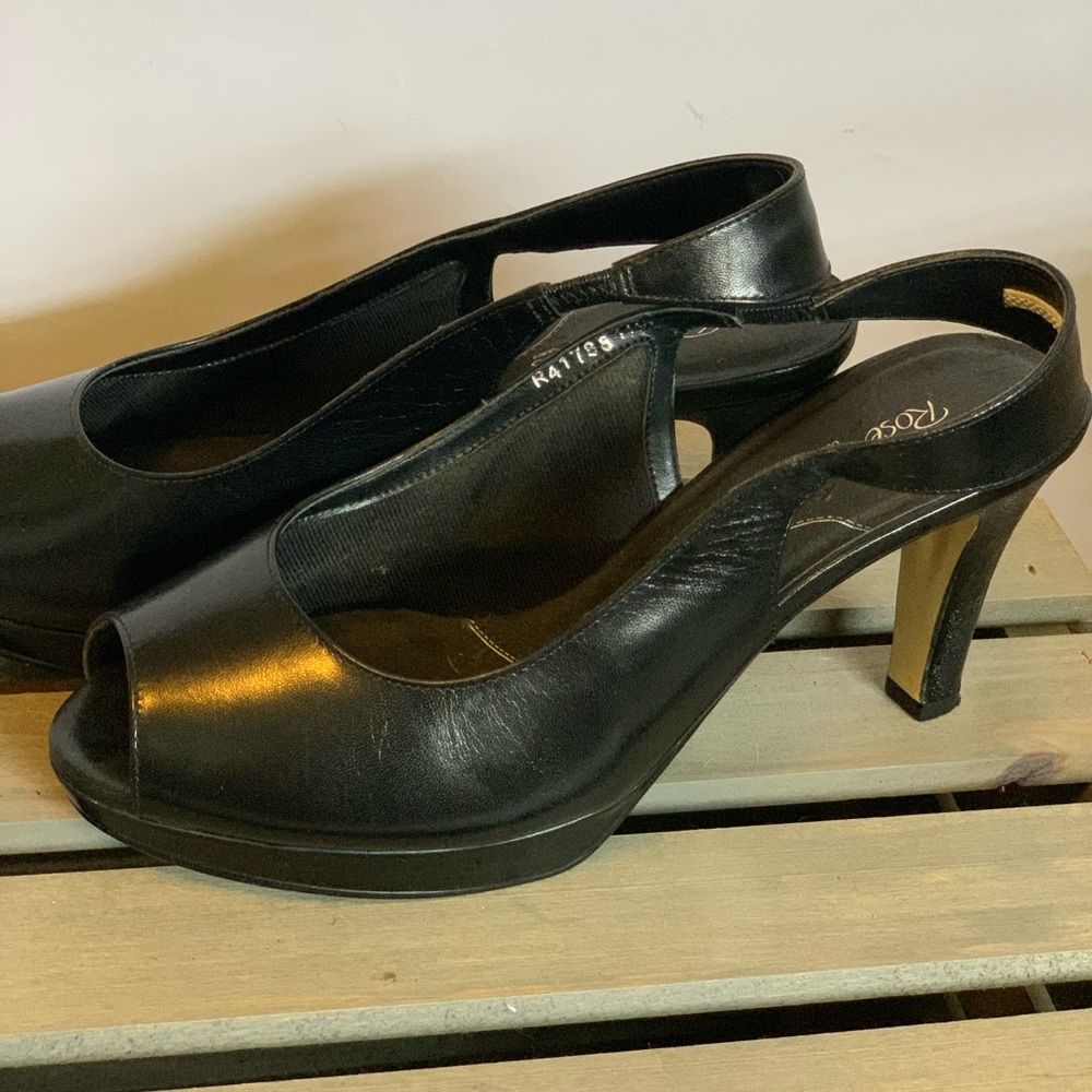 Rose Petals platform, slingback sandals, black, leather, size 11WW